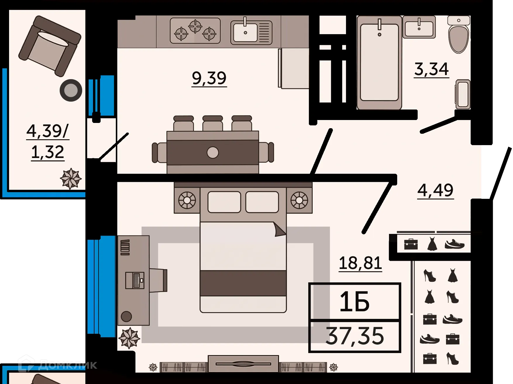 Планировка 1-комнатной квартиры 37.35 м² в ЖК "FOUR PREMIERS" (Фо Премьерс), г. Ростов-на-Дону — фото 1