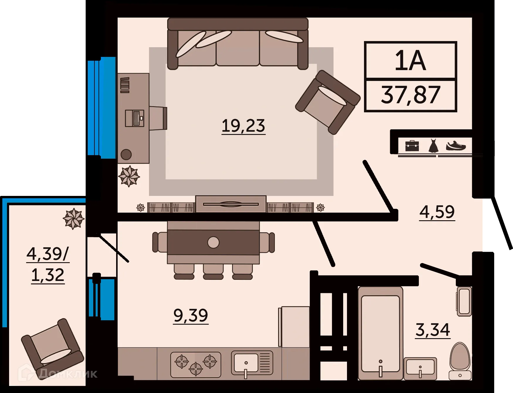 Планировка 1-комнатной квартиры 37.87 м² в ЖК "FOUR PREMIERS" (Фо Премьерс), г. Ростов-на-Дону — фото 1