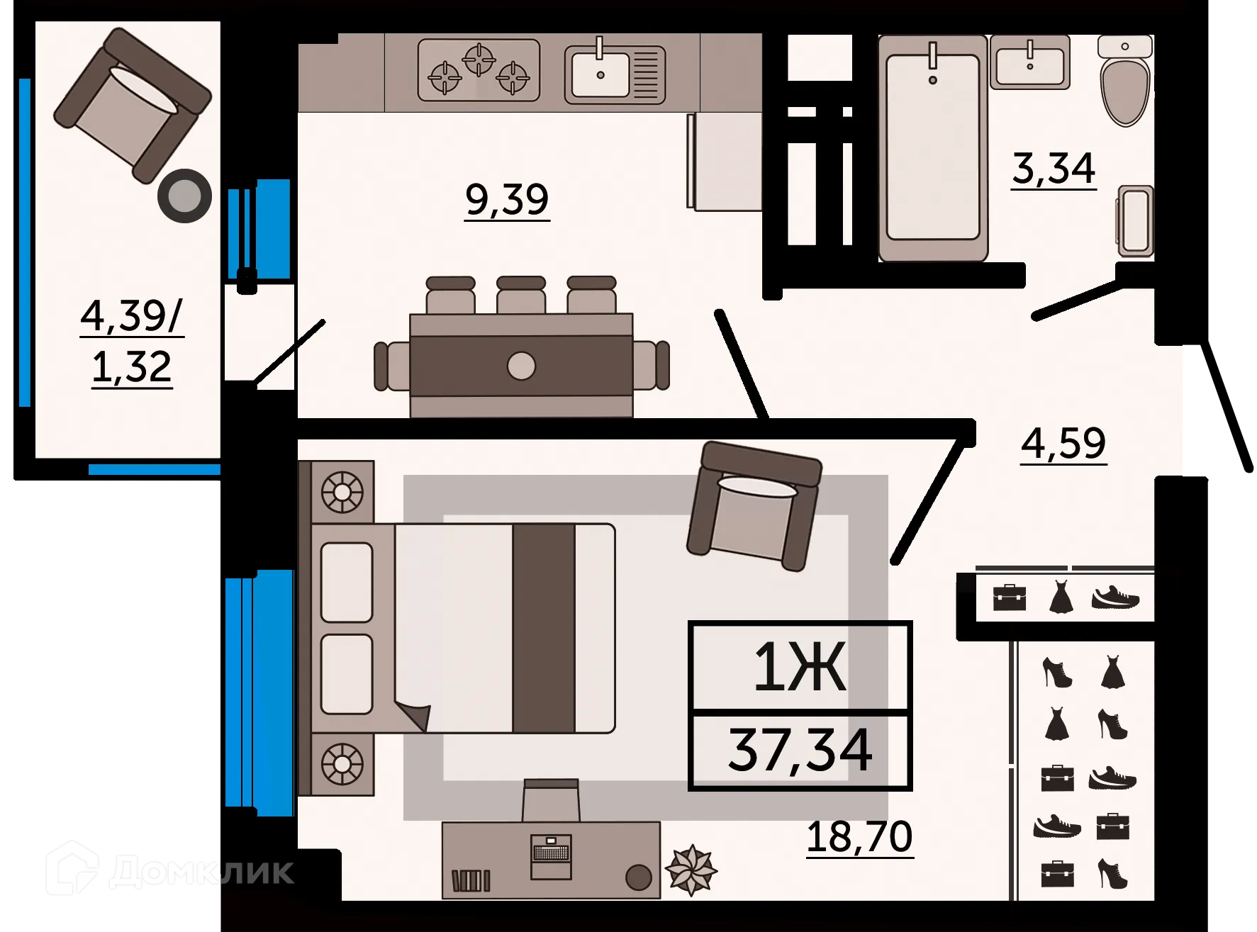 Планировка 1-комнатной квартиры 37.34 м² в ЖК "FOUR PREMIERS" (Фо Премьерс), г. Ростов-на-Дону — фото 1