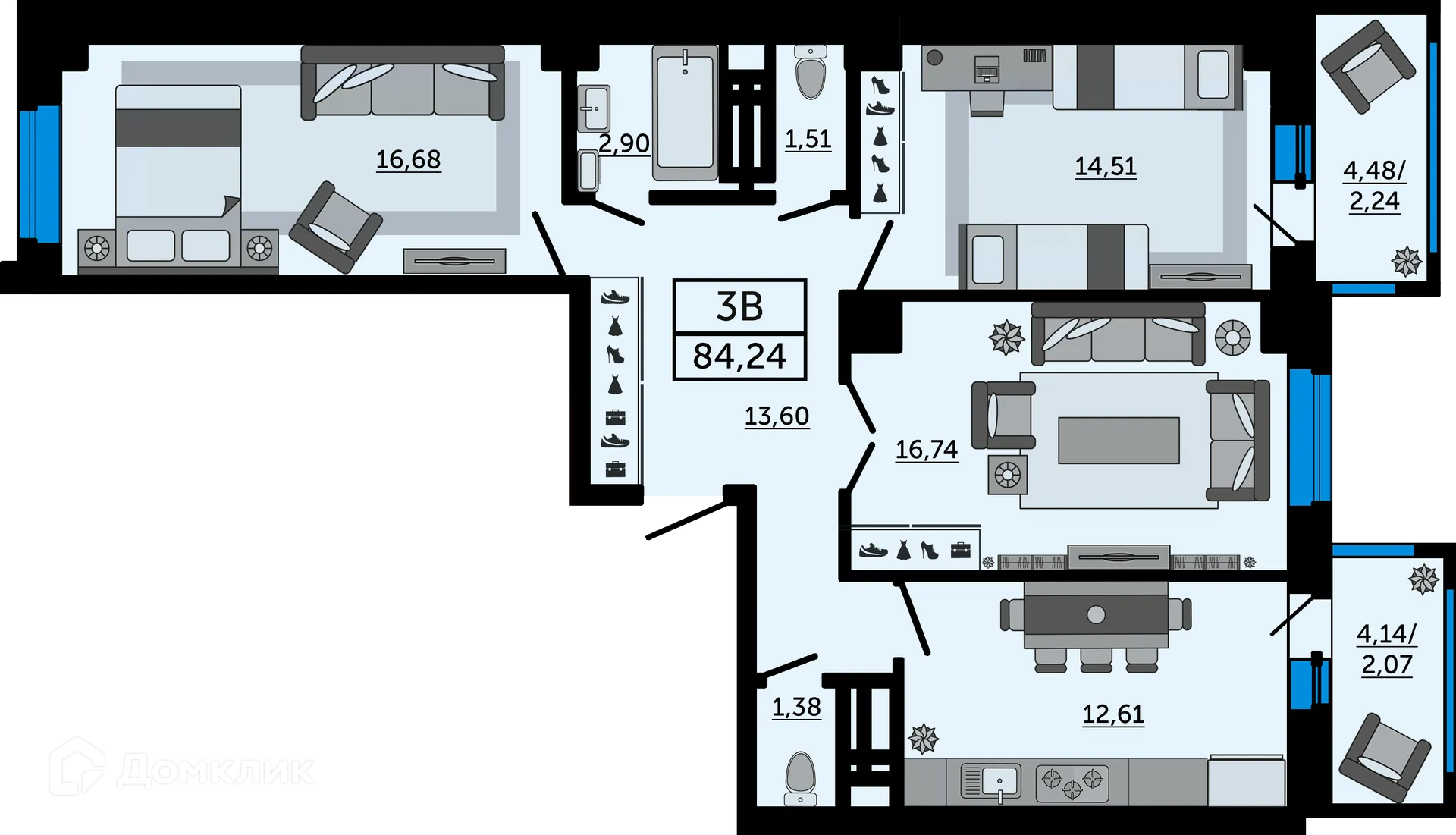 Планировка 3-комнатной квартиры 84.24 м² в ЖК "FOUR PREMIERS" (Фо Премьерс), г. Ростов-на-Дону — фото 1