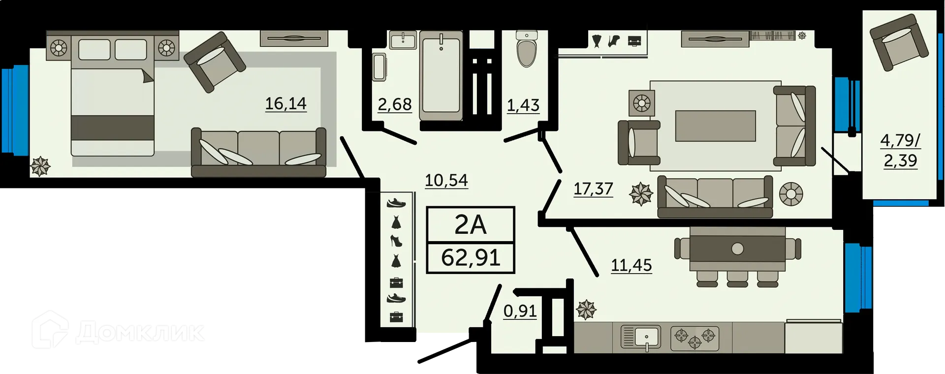 Планировка 2-комнатной квартиры 62.91 м² в ЖК "FOUR PREMIERS" (Фо Премьерс), г. Ростов-на-Дону — фото 1