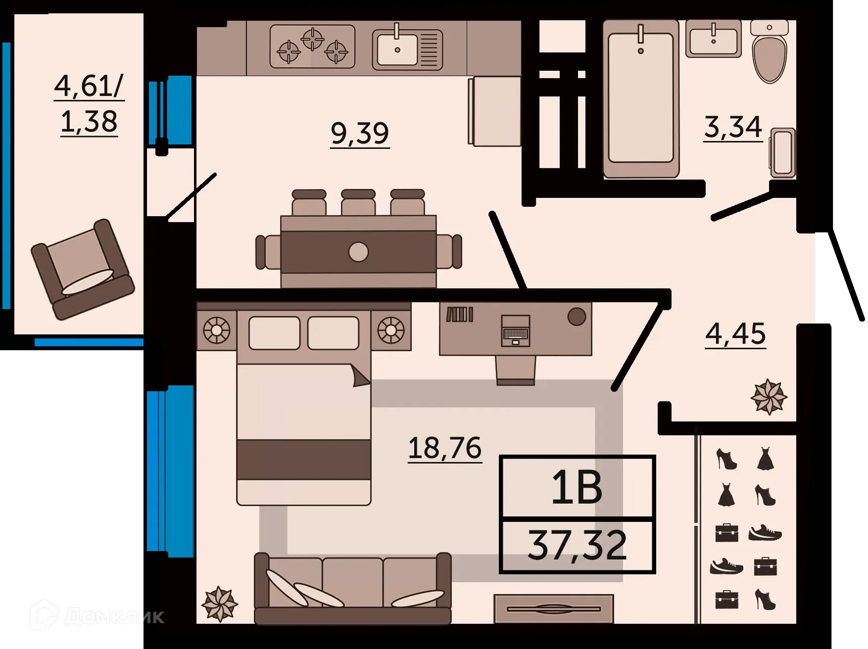 Планировка 1-комнатной квартиры 37.32 м² в ЖК "FOUR PREMIERS" (Фо Премьерс), г. Ростов-на-Дону — фото 1