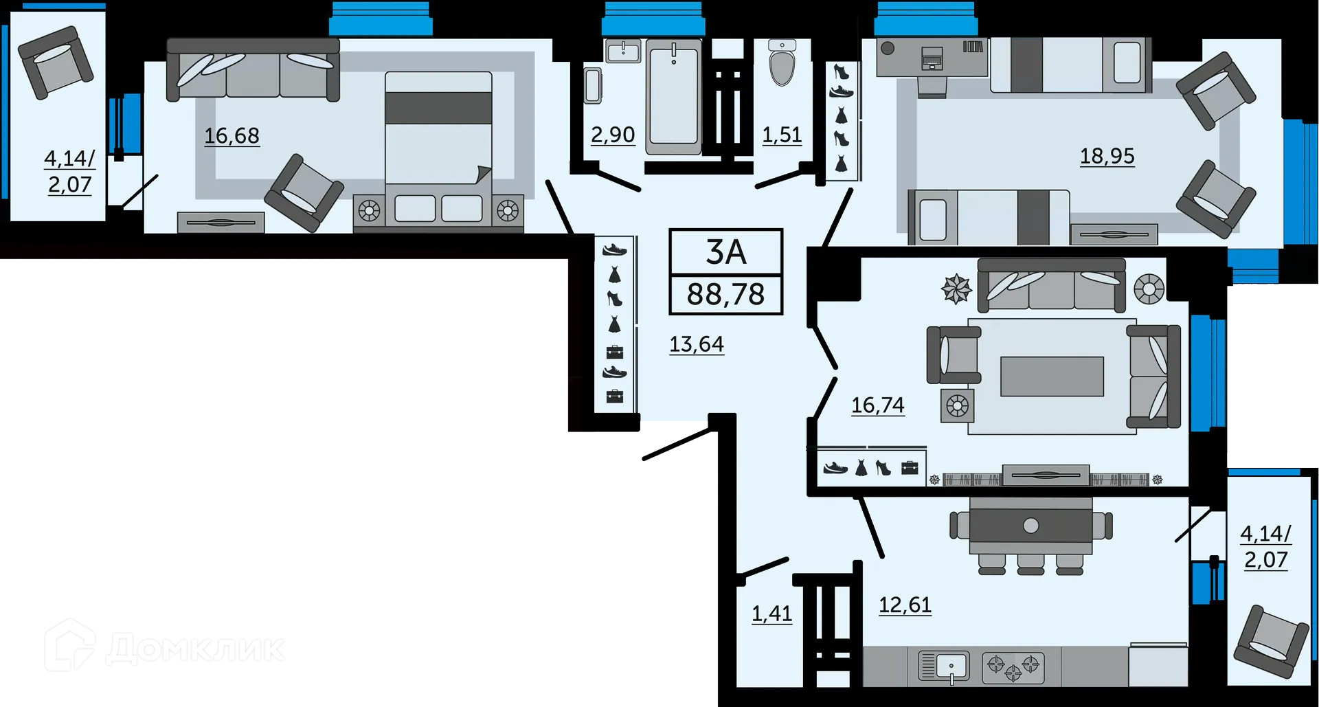 Планировка 3-комнатной квартиры 88.78 м² в ЖК "FOUR PREMIERS" (Фо Премьерс), г. Ростов-на-Дону — фото 1