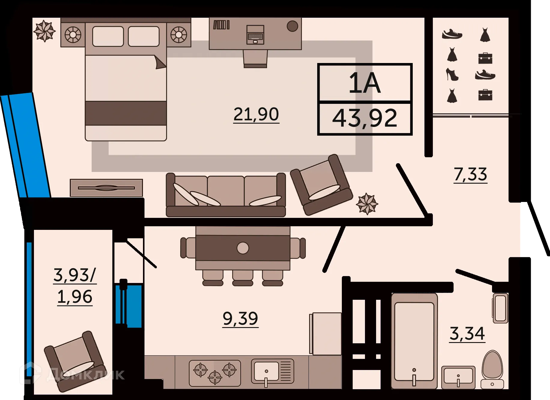 Планировка 1-комнатной квартиры 43.92 м² в ЖК "FOUR PREMIERS" (Фо Премьерс), г. Ростов-на-Дону — фото 1