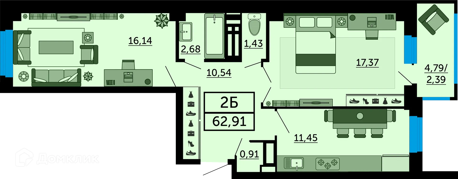 Планировка 2-комнатной квартиры 63.9 м² в ЖК "FOUR PREMIERS" (Фо Премьерс), г. Ростов-на-Дону — фото 1
