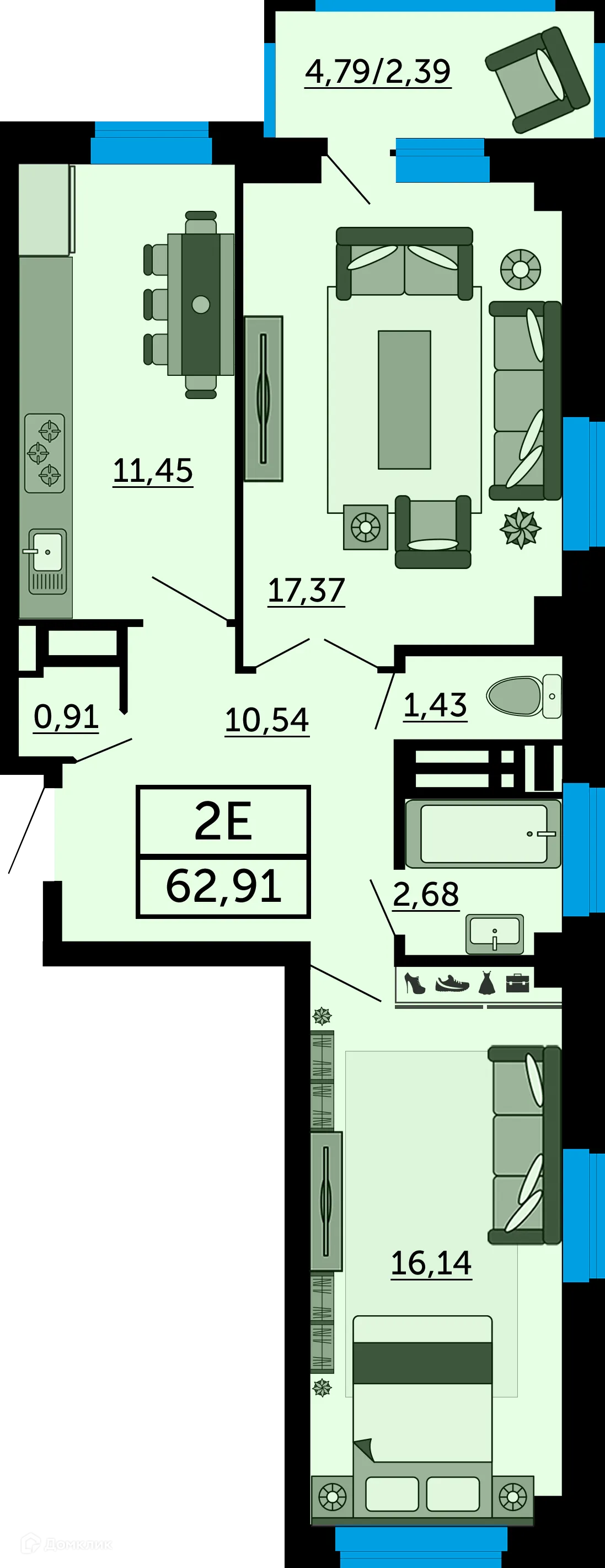 Планировка 2-комнатной квартиры 64.3 м² в ЖК "FOUR PREMIERS" (Фо Премьерс), г. Ростов-на-Дону — фото 1