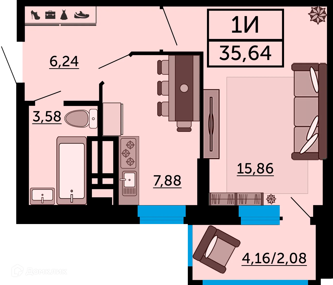Планировка 1-комнатной квартиры 36.3 м² в ЖК "FOUR PREMIERS" (Фо Премьерс), г. Ростов-на-Дону — фото 1