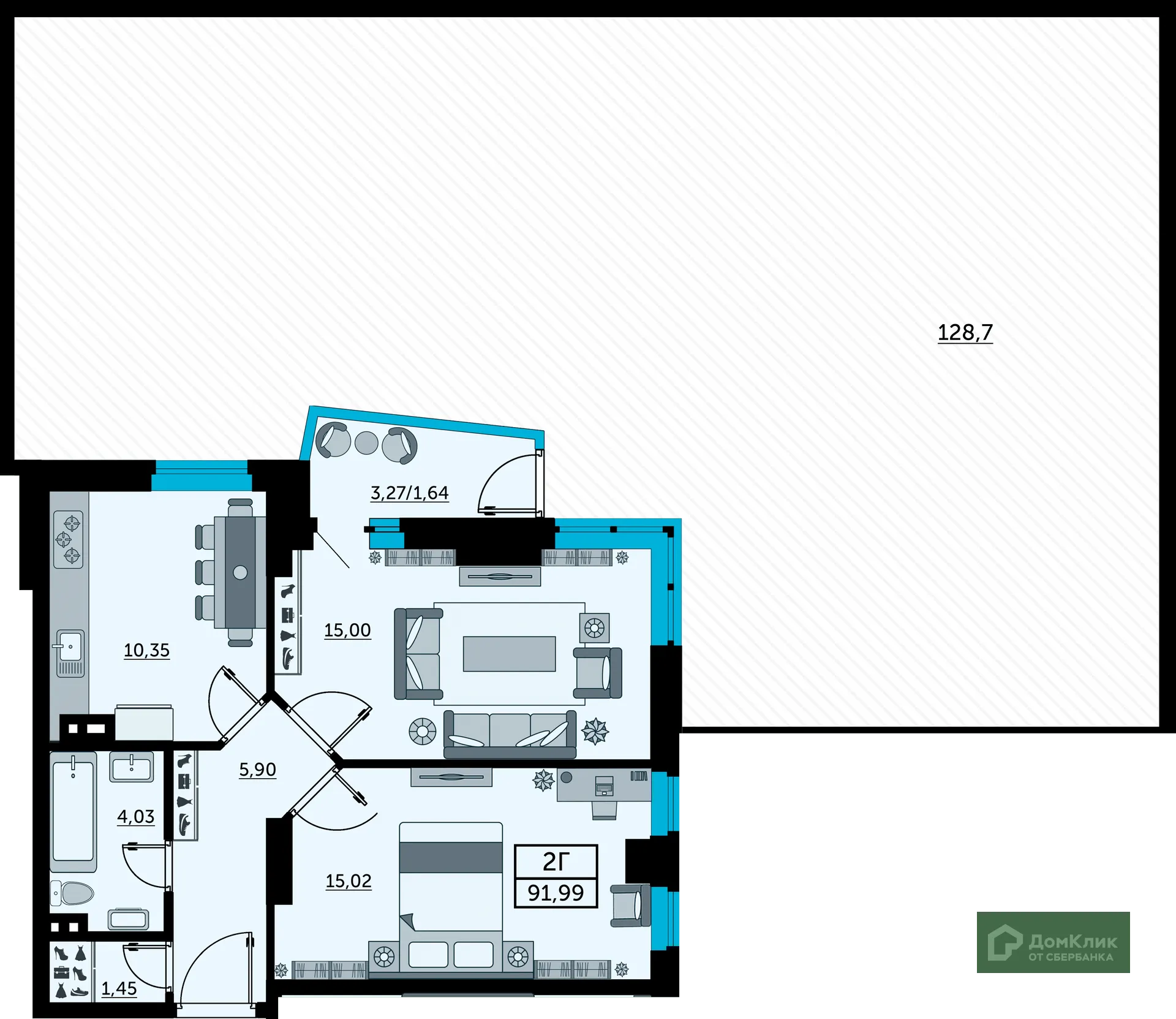 Планировка 2-комнатной квартиры 92.7 м² в ЖК Сердце Ростова 2, г. Ростов-на-Дону — фото 2