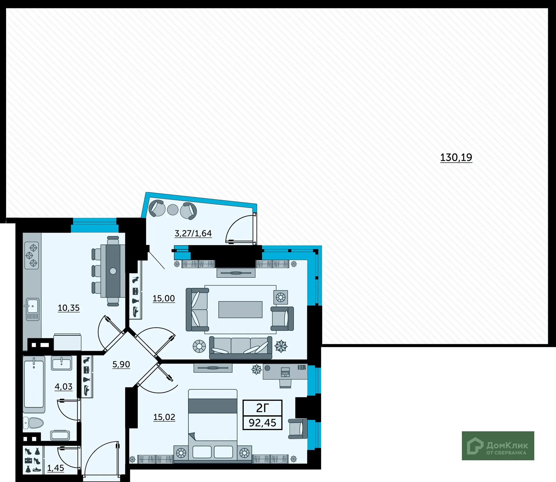 Планировка 2-комнатной квартиры 93.1 м² в ЖК Сердце Ростова 2, г. Ростов-на-Дону — фото 2
