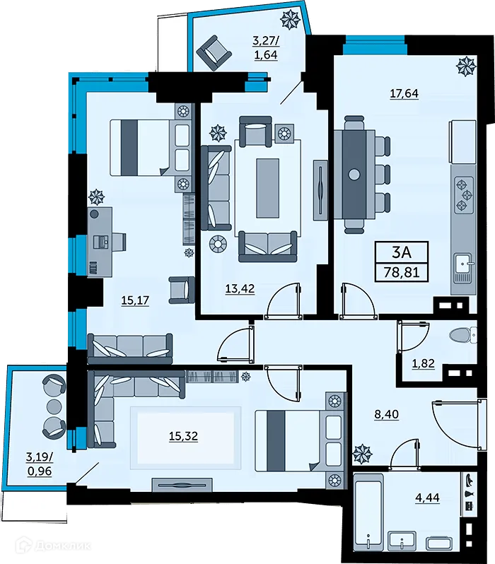 Планировка 3-комнатной квартиры 79.7 м² в ЖК Сердце Ростова 2, г. Ростов-на-Дону — фото 1