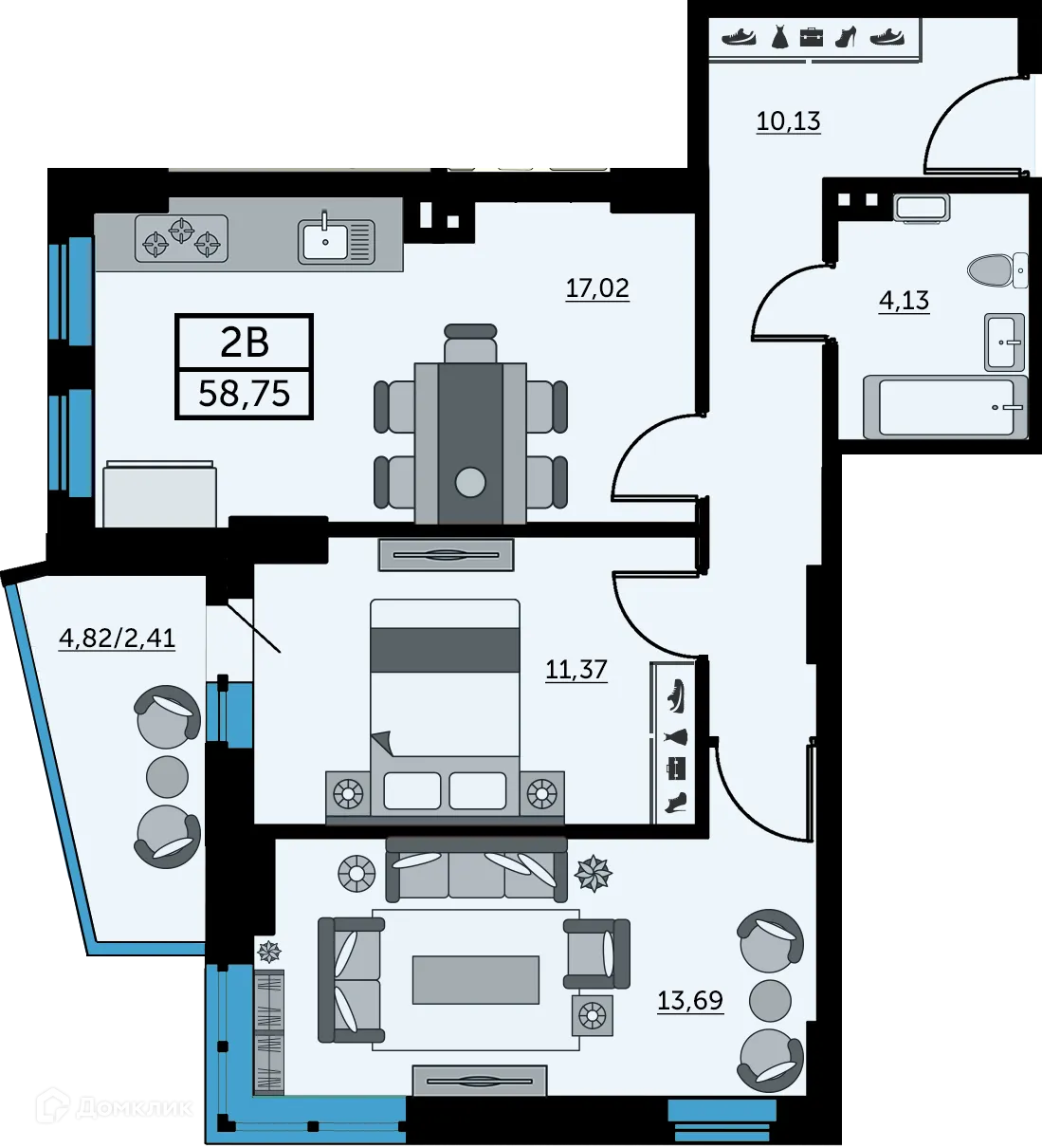 Планировка 2-комнатной квартиры 58.2 м² в ЖК Сердце Ростова 2, г. Ростов-на-Дону — фото 2