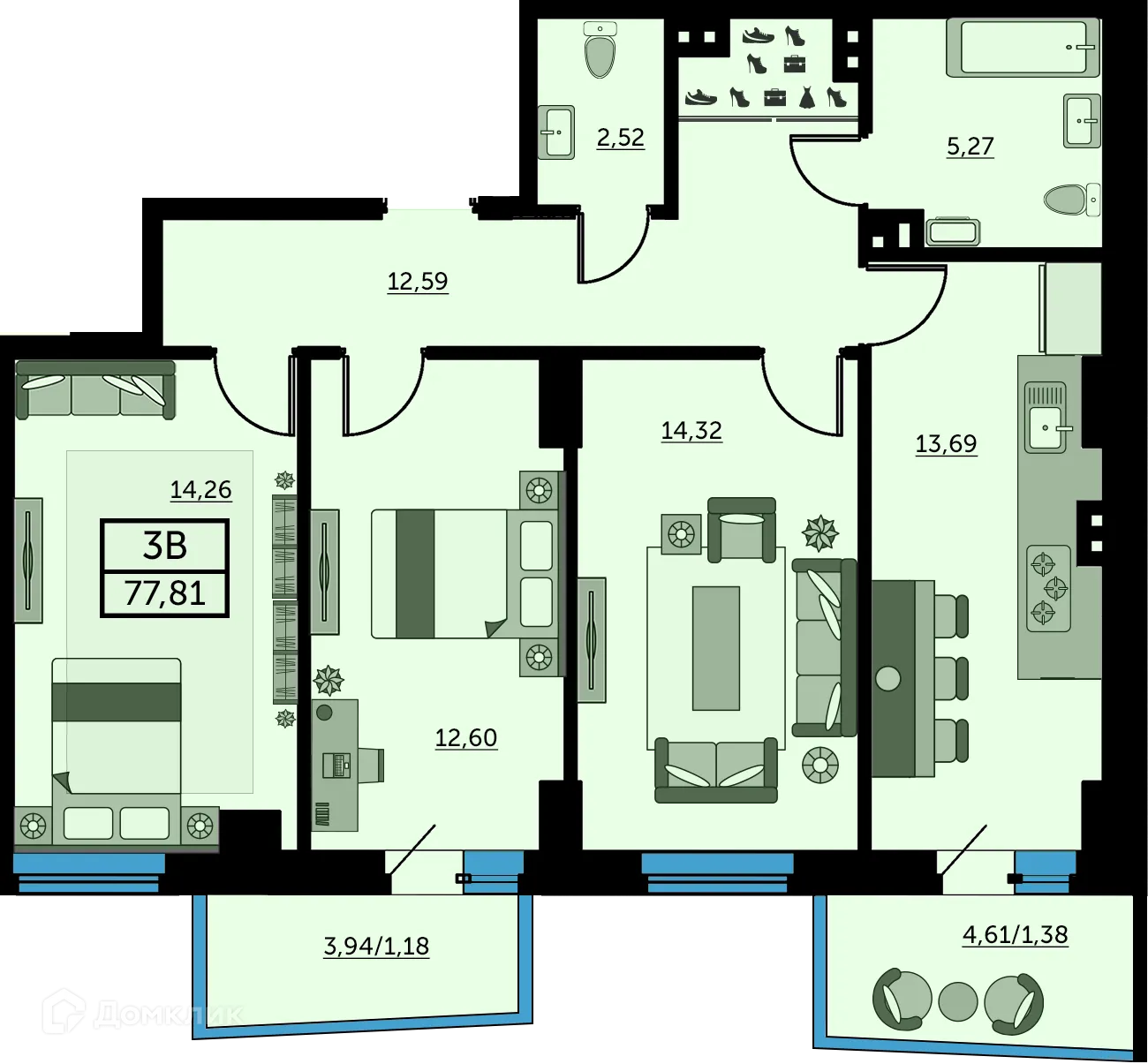 Планировка 3-комнатной квартиры 77.8 м² в ЖК Сердце Ростова 2, г. Ростов-на-Дону — фото 1