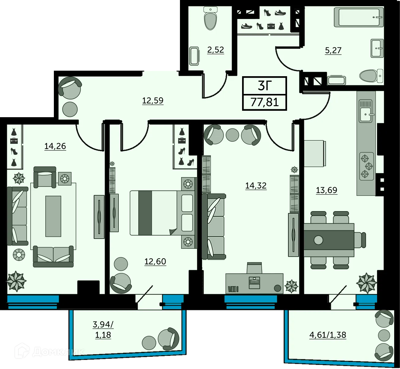 Планировка 3-комнатной квартиры 77.6 м² в ЖК Сердце Ростова 2, г. Ростов-на-Дону — фото 2