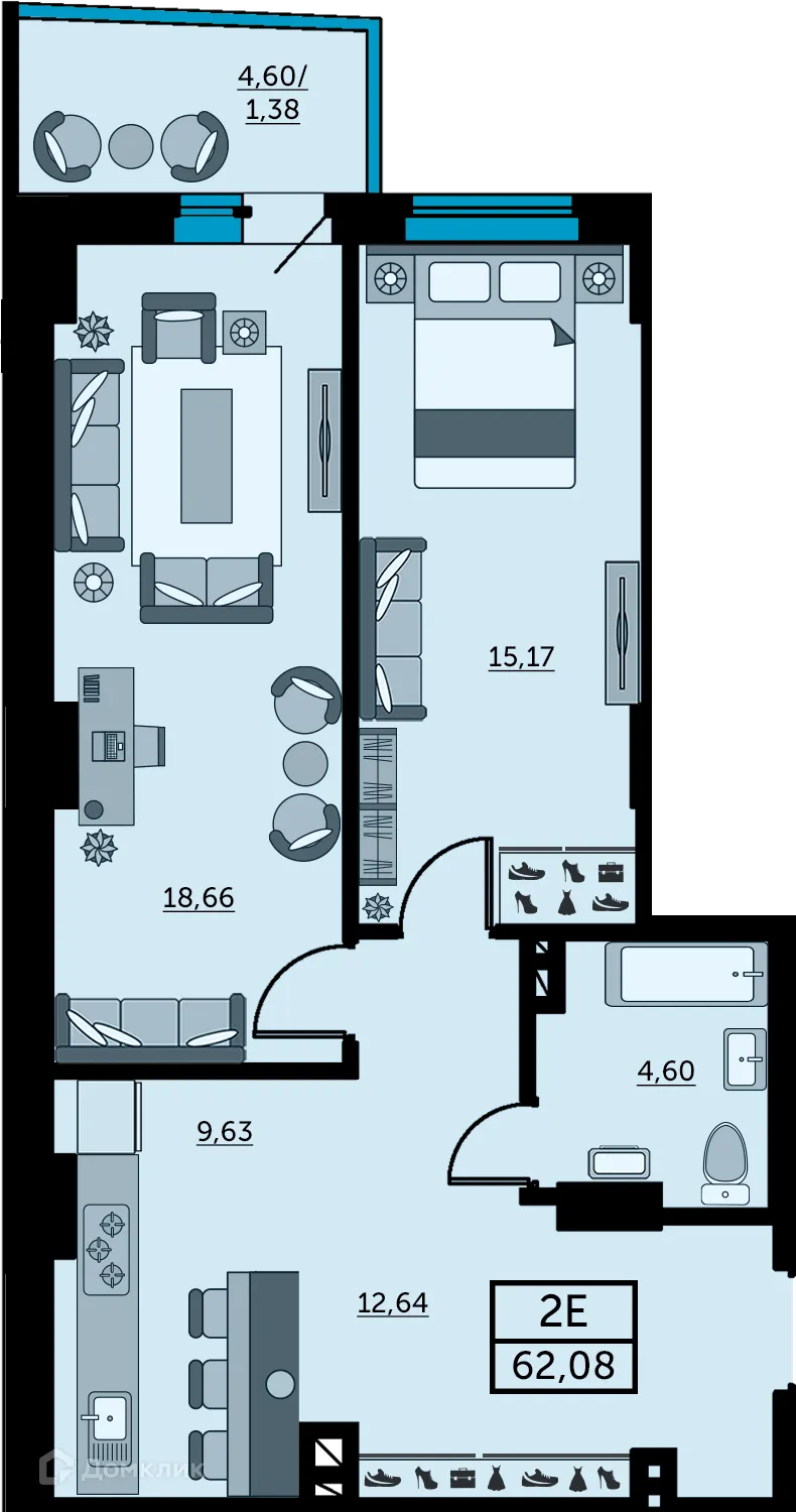 Планировка 2-комнатной квартиры 62.4 м² в ЖК Сердце Ростова 2, г. Ростов-на-Дону — фото 1