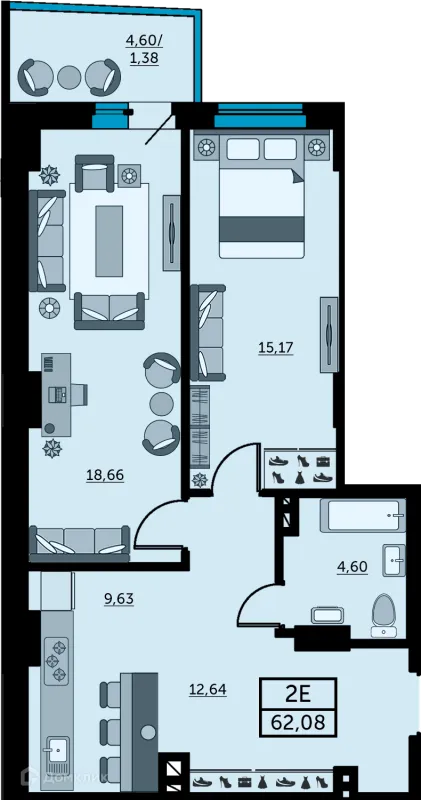 Планировка 2 комн. в ЖК Сердце Ростова 2