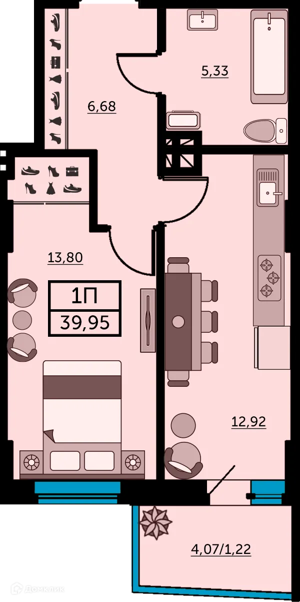 Планировка 1-комнатной квартиры 39.8 м² в ЖК Сердце Ростова 2, г. Ростов-на-Дону — фото 2