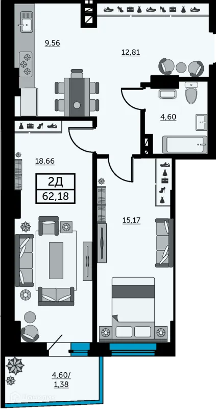 Планировка 2 комн. в ЖК Сердце Ростова 2
