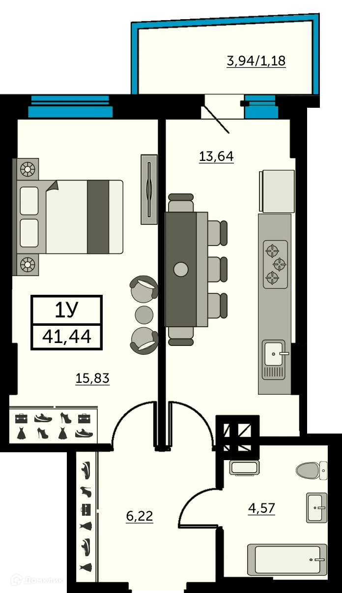 Планировка 1-комнатной квартиры 41.2 м² в ЖК Сердце Ростова 2, г. Ростов-на-Дону — фото 2