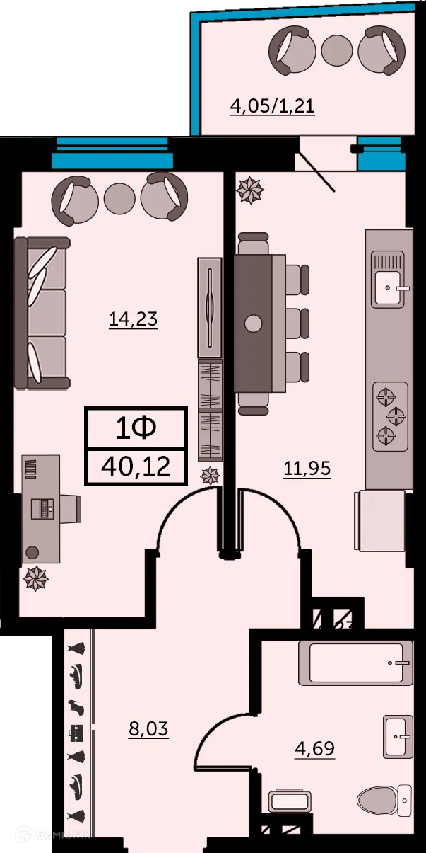 Планировка 1-комнатной квартиры 39.9 м² в ЖК Сердце Ростова 2, г. Ростов-на-Дону — фото 2