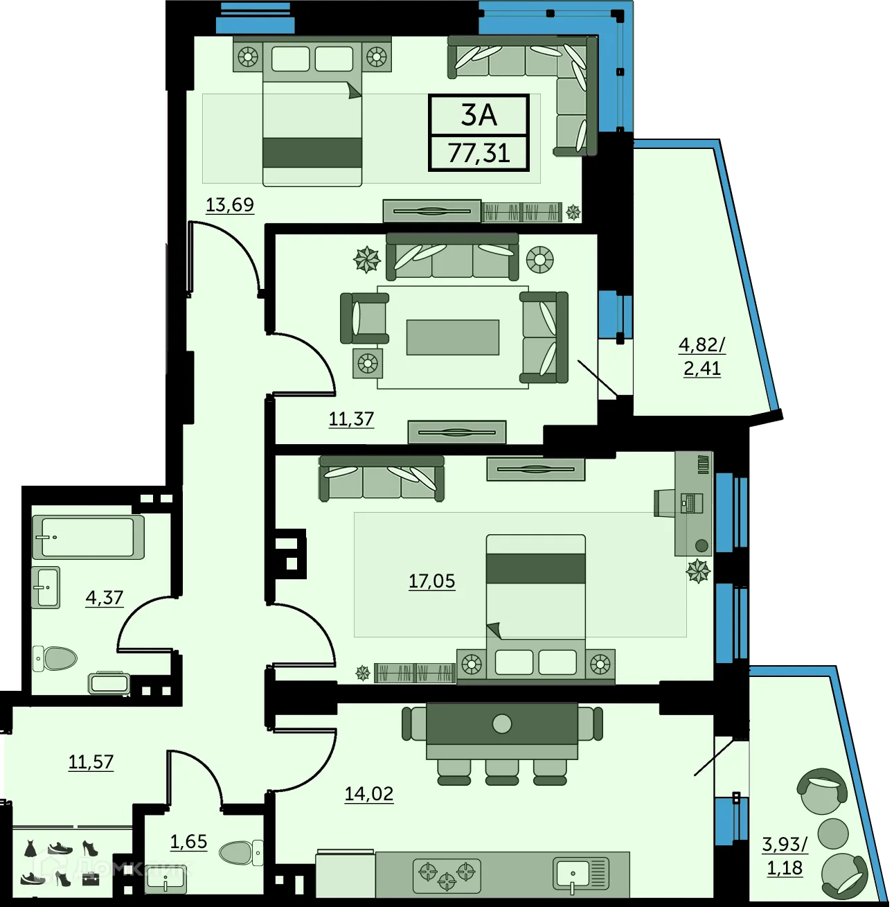 Планировка 3-комнатной квартиры 76.5 м² в ЖК Сердце Ростова 2, г. Ростов-на-Дону — фото 1