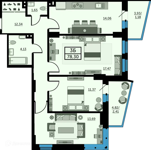 Планировка 3 комн. в ЖК Сердце Ростова 2