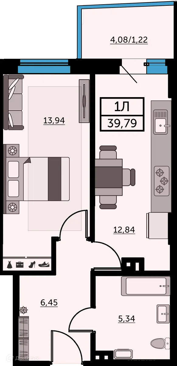 Планировка 1-комнатной квартиры 39.1 м² в ЖК Сердце Ростова 2, г. Ростов-на-Дону — фото 2