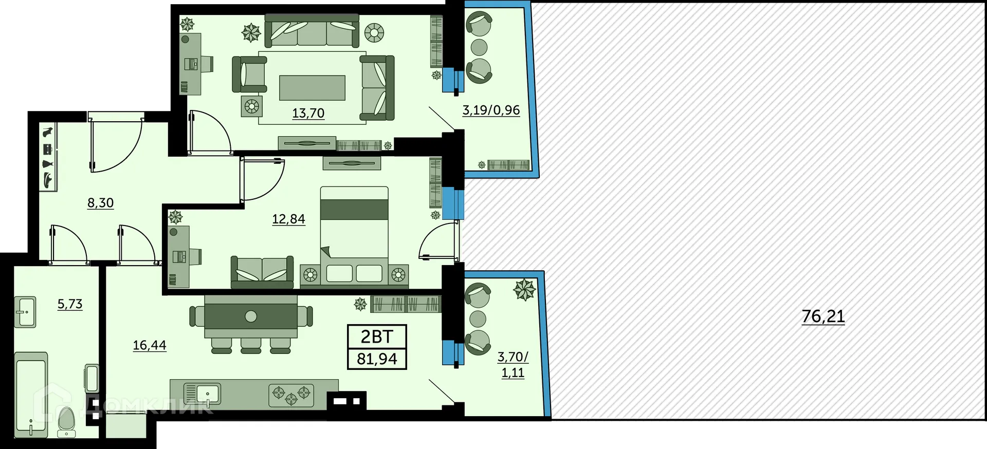 Планировка 2-комнатной квартиры 82.3 м² в ЖК Сердце Ростова 2, г. Ростов-на-Дону — фото 2