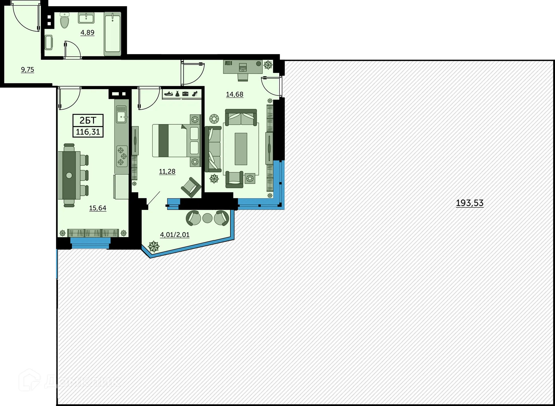 Планировка 2-комнатной квартиры 116.6 м² в ЖК Сердце Ростова 2, г. Ростов-на-Дону — фото 2
