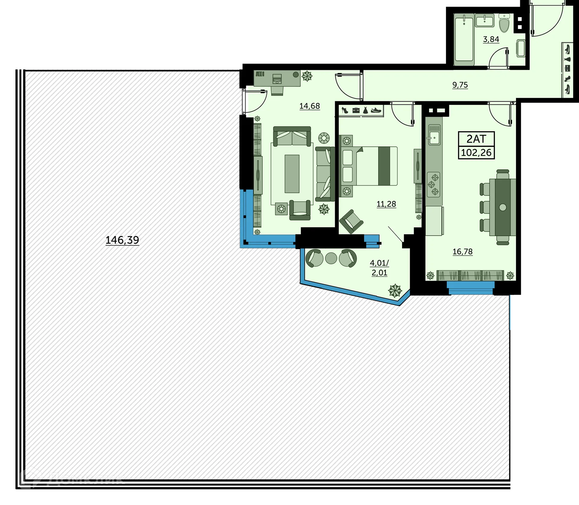 Планировка 2-комнатной квартиры 102.5 м² в ЖК Сердце Ростова 2, г. Ростов-на-Дону — фото 2