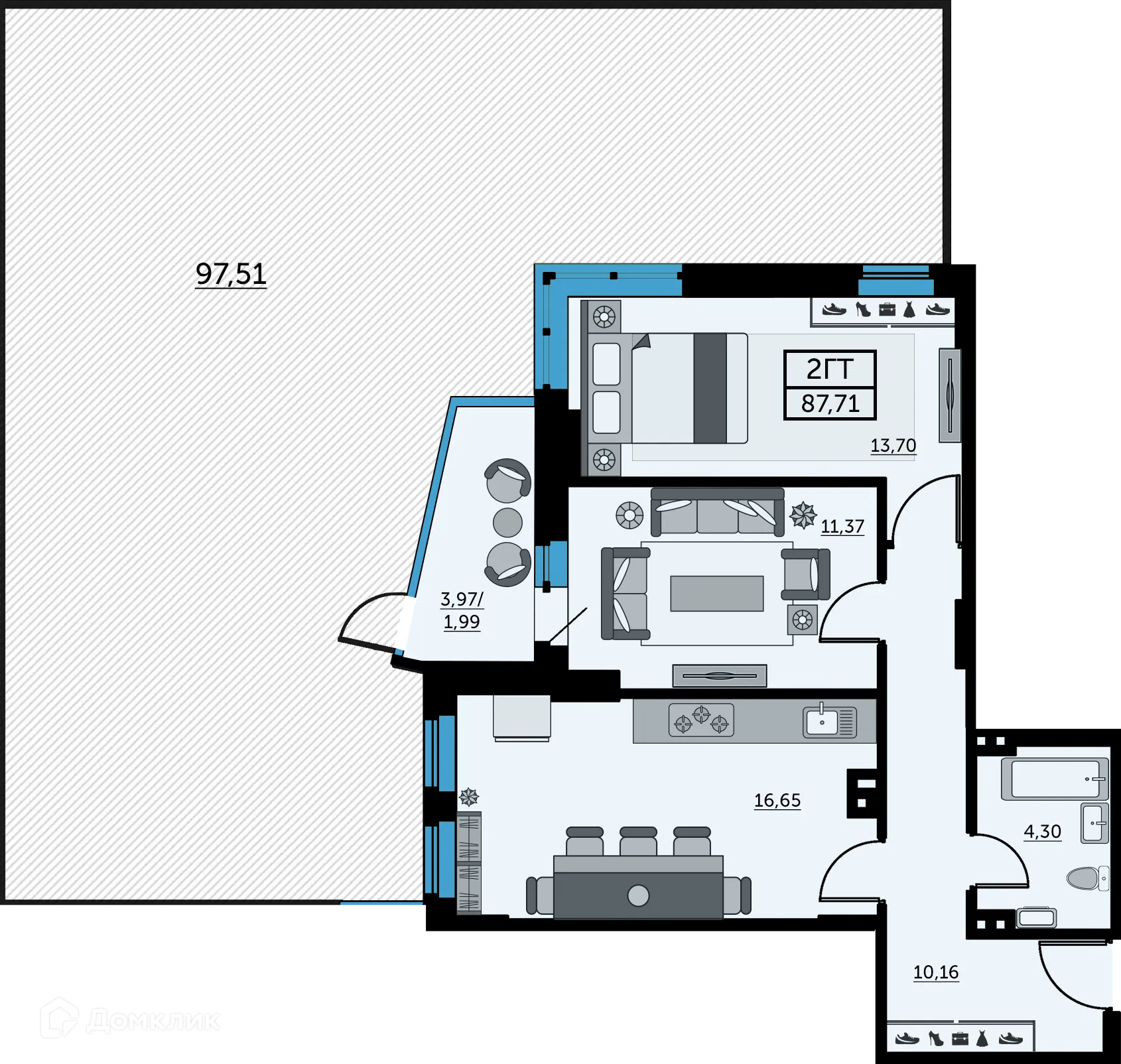 Планировка 2-комнатной квартиры 88.1 м² в ЖК Сердце Ростова 2, г. Ростов-на-Дону — фото 2