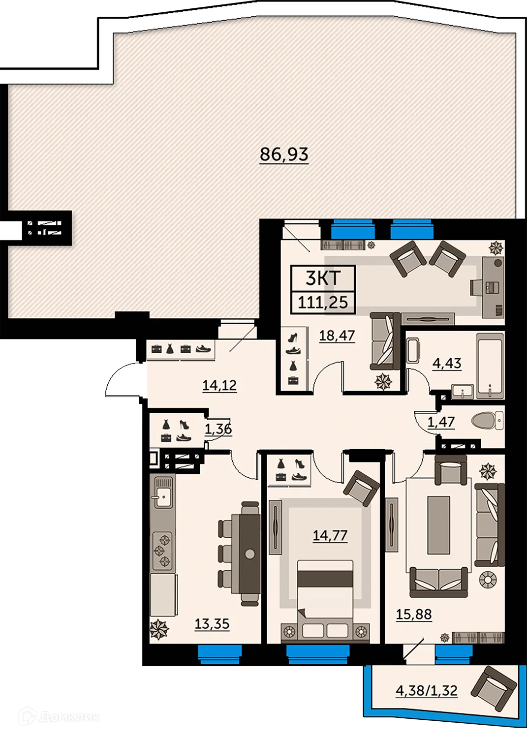 Планировка 3-комнатной квартиры 113.3 м² в ЖК Сердце Ростова 2, г. Ростов-на-Дону — фото 2