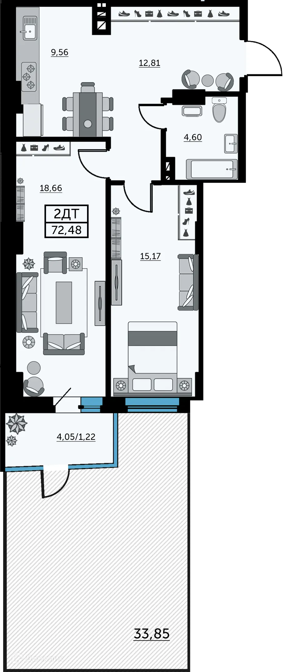 Планировка 2-комнатной квартиры 72.8 м² в ЖК Сердце Ростова 2, г. Ростов-на-Дону — фото 2