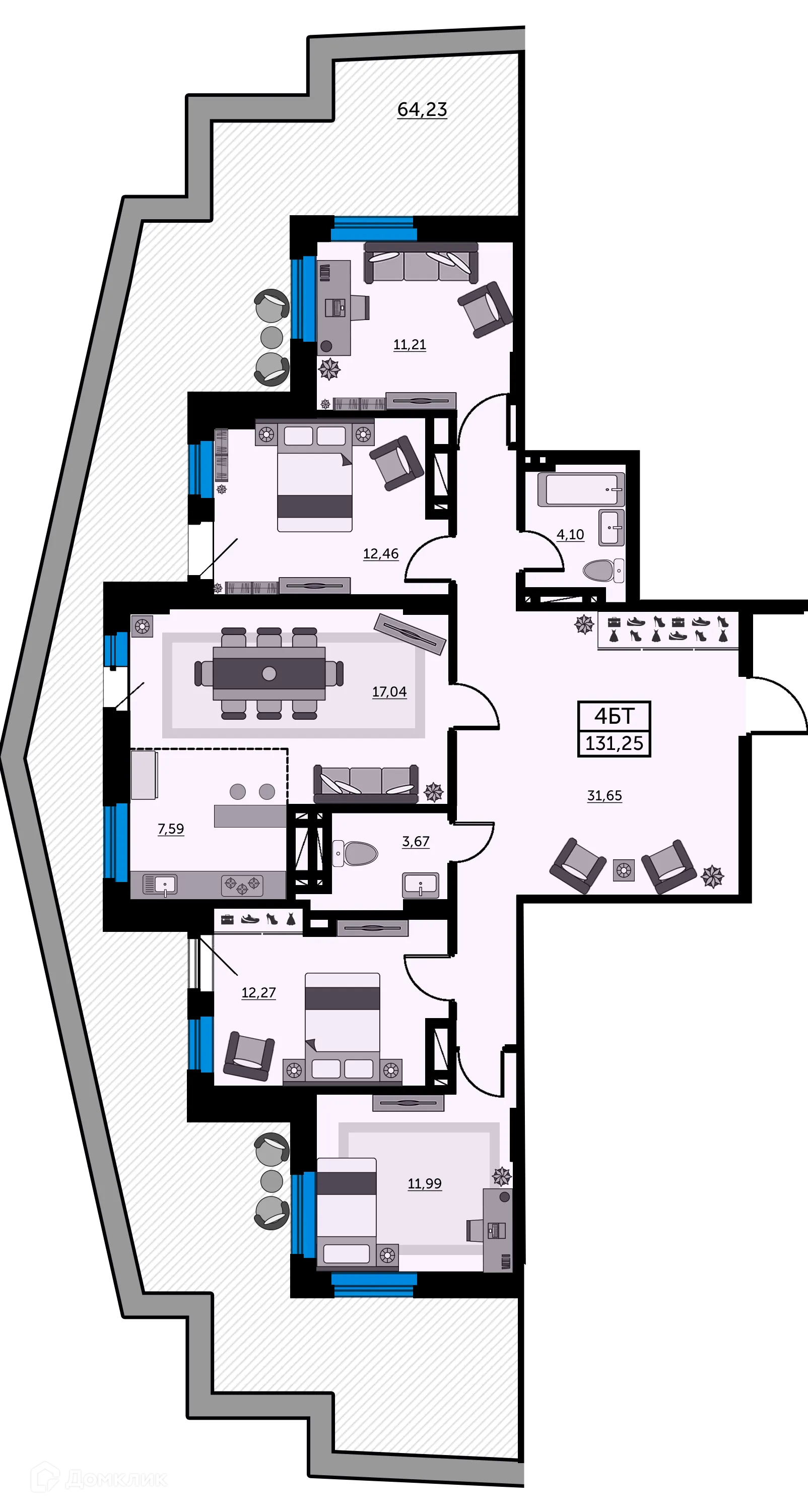Планировка 4-комнатной квартиры 131.6 м² в ЖК Сердце Ростова 2, г. Ростов-на-Дону — фото 3