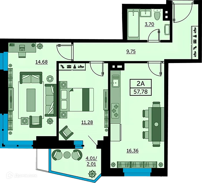 Планировка 2-комнатной квартиры 58.2 м² в ЖК Сердце Ростова 2, г. Ростов-на-Дону — фото 1