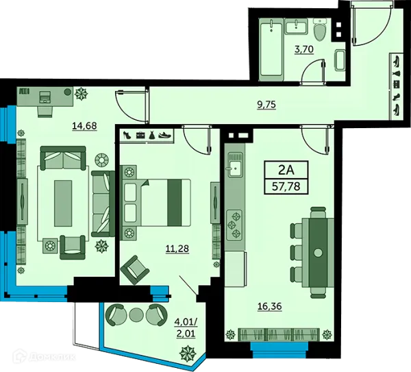 Планировка 2 комн. в ЖК Сердце Ростова 2