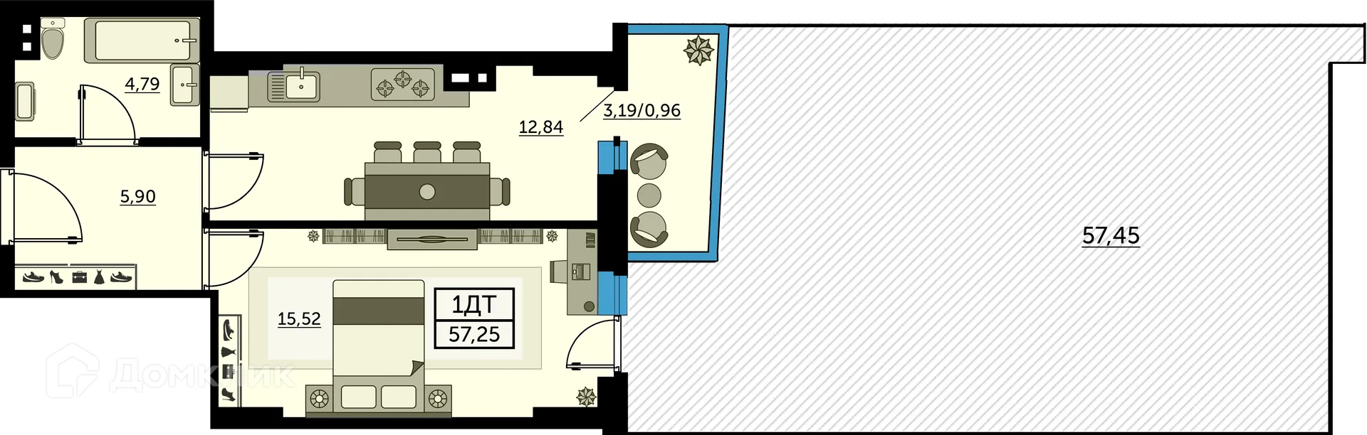 Планировка 1-комнатной квартиры 57.5 м² в ЖК Сердце Ростова 2, г. Ростов-на-Дону — фото 1