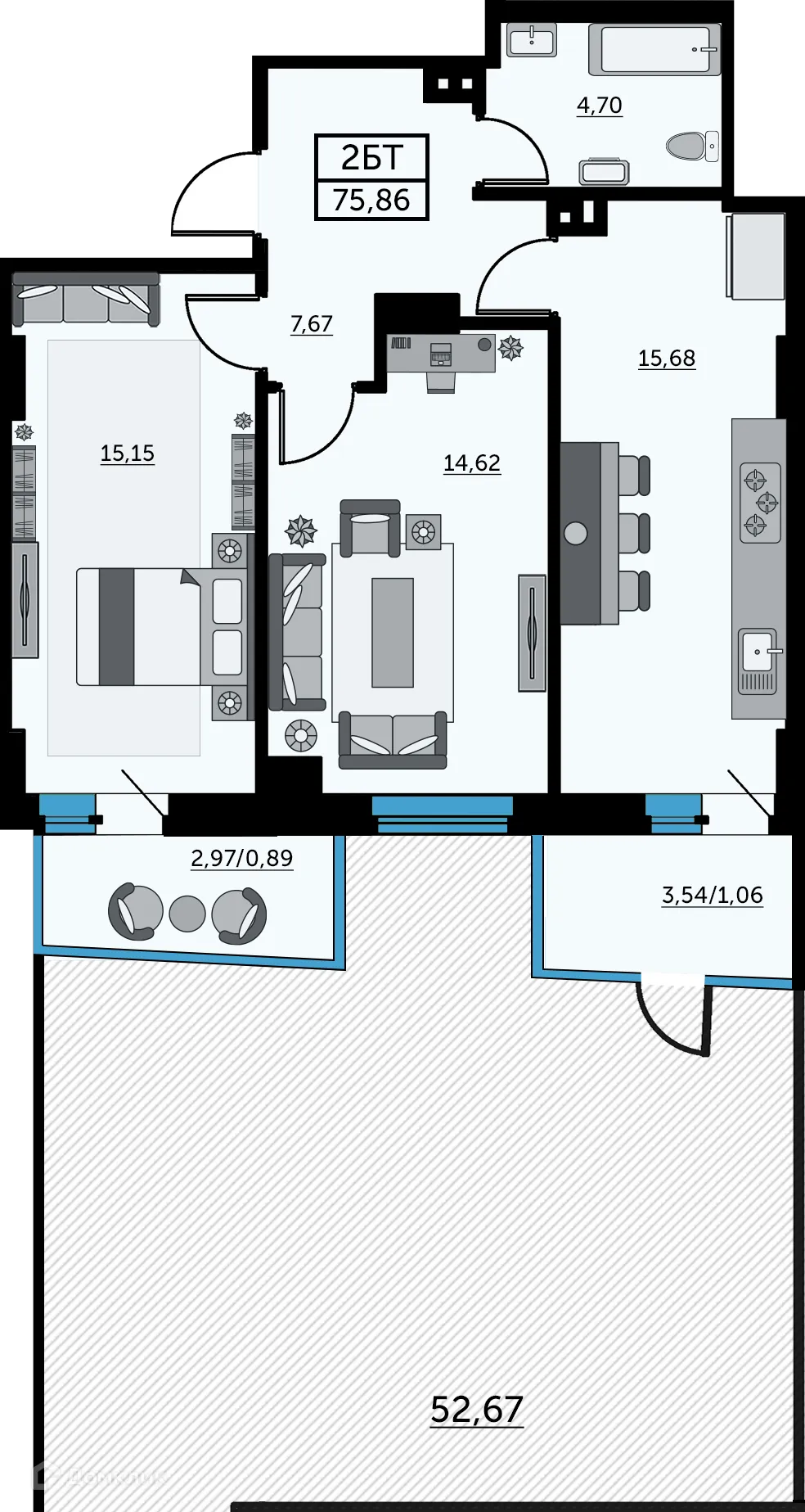 Планировка 2-комнатной квартиры 76.6 м² в ЖК Сердце Ростова 2, г. Ростов-на-Дону — фото 1