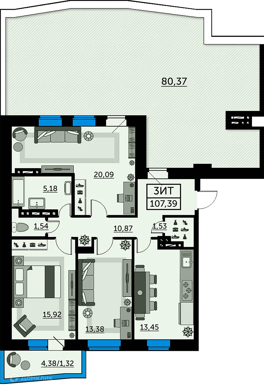 Планировка 3-комнатной квартиры 109.6 м² в ЖК Сердце Ростова 2, г. Ростов-на-Дону — фото 1