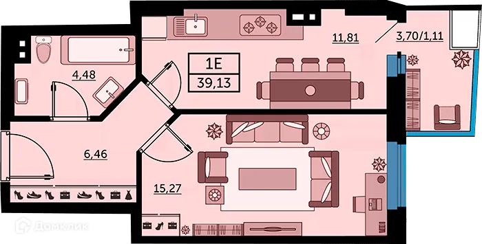 Планировка 1-комнатной квартиры 38.8 м² в ЖК Сердце Ростова 2, г. Ростов-на-Дону — фото 1