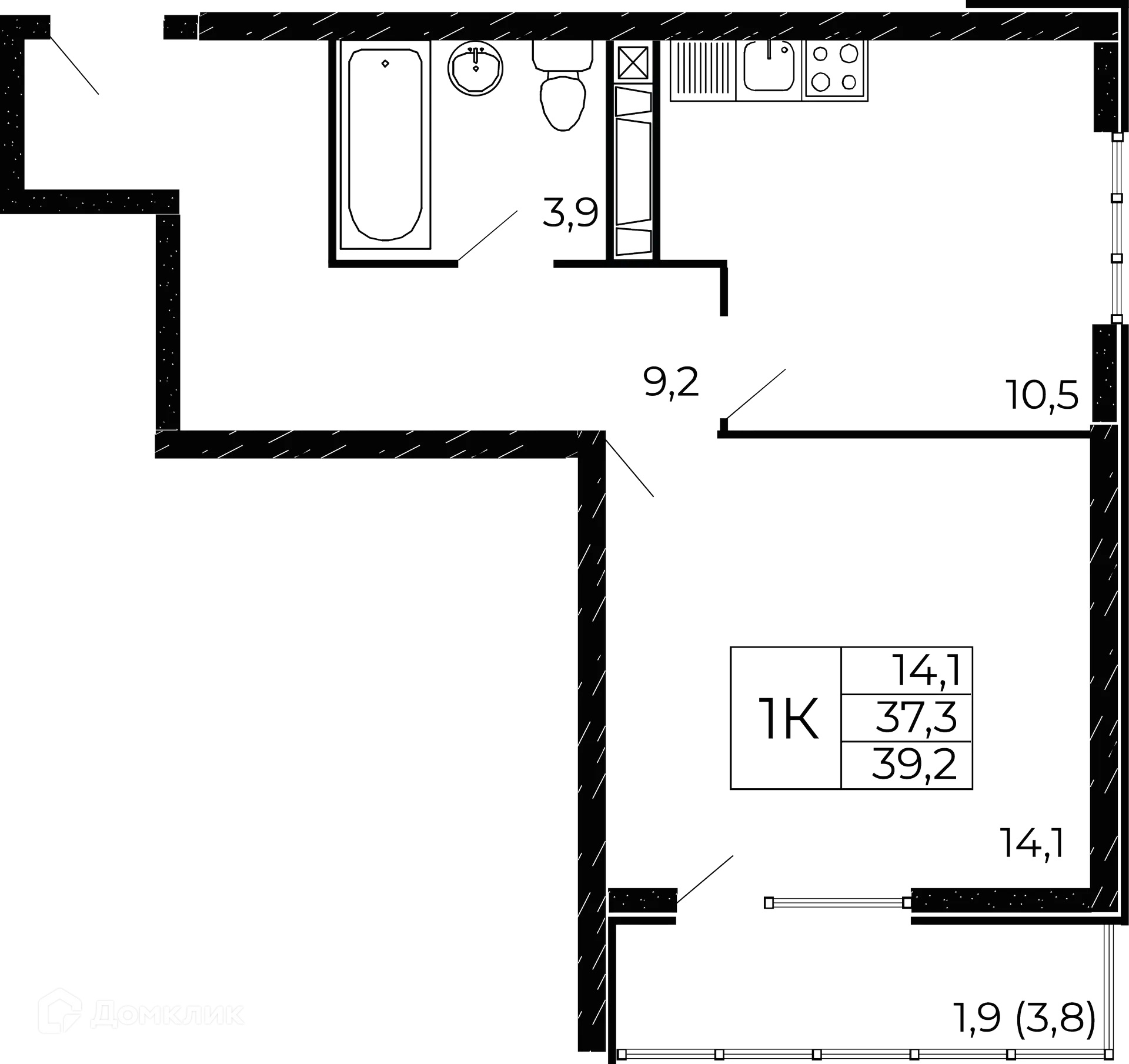 Планировка 1-комнатной квартиры 39.2 м² в ЖК "Западные Аллеи", г. Ростов-на-Дону — фото 1