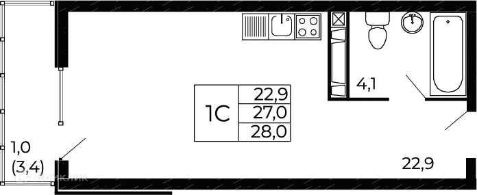 Планировка студии квартиры 28 м² в ЖК "Западные Аллеи", г. Ростов-на-Дону — фото 1