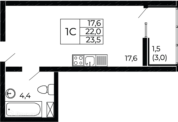 Планировка студии квартиры 23.5 м² в ЖК "Западные Аллеи", г. Ростов-на-Дону — фото 1