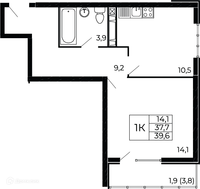 Планировка 1-комнатной квартиры 39.6 м² в ЖК "Западные Аллеи", г. Ростов-на-Дону — фото 1