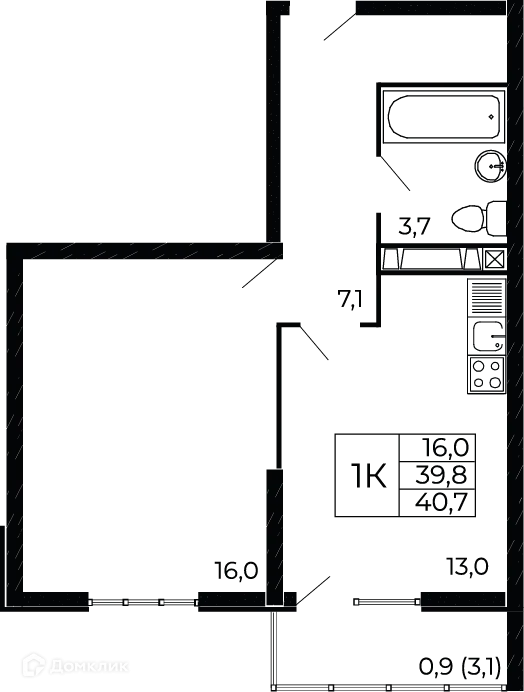 Планировка 1-комнатной квартиры 40.7 м² в ЖК "Западные Аллеи", г. Ростов-на-Дону — фото 1