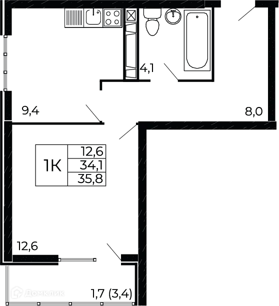 Планировка 1-комнатной квартиры 35.8 м² в ЖК "Западные Аллеи", г. Ростов-на-Дону — фото 1