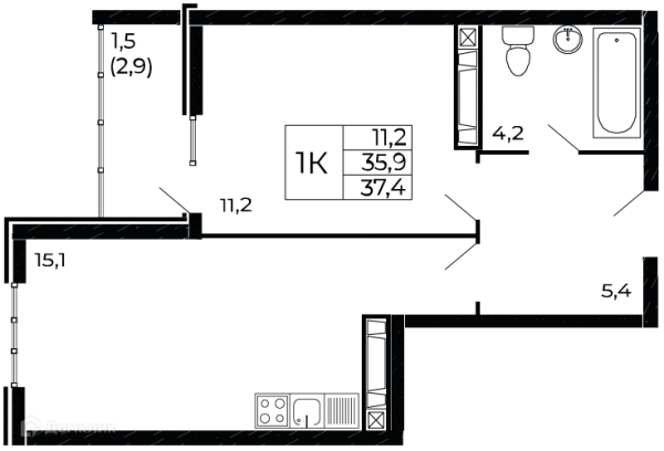 Планировка 1 комн. в ЖК "Западные Аллеи"