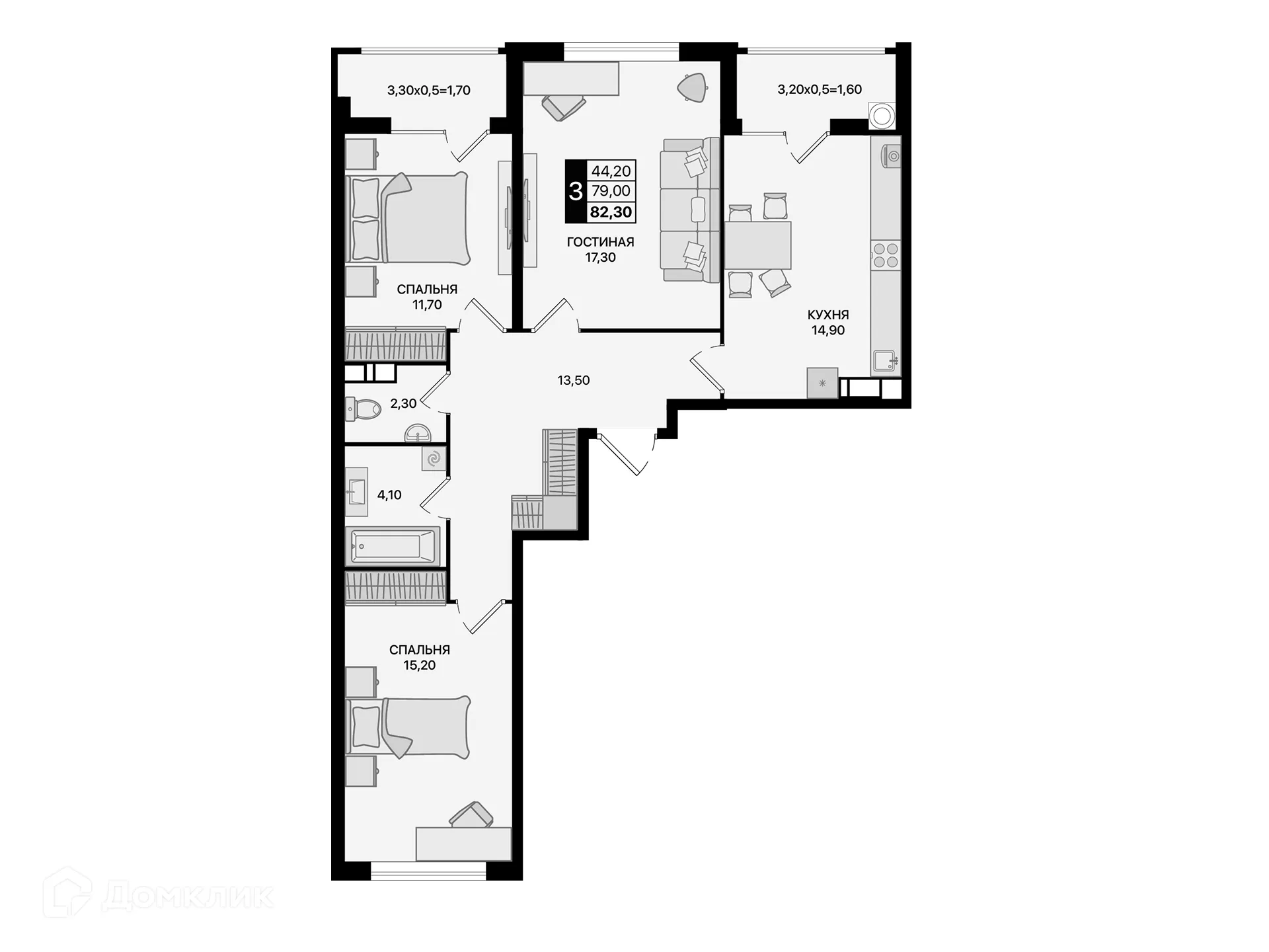 Планировка 3-комнатной квартиры 82.3 м² в ЖК Движение61, г. Ростов-на-Дону — фото 1