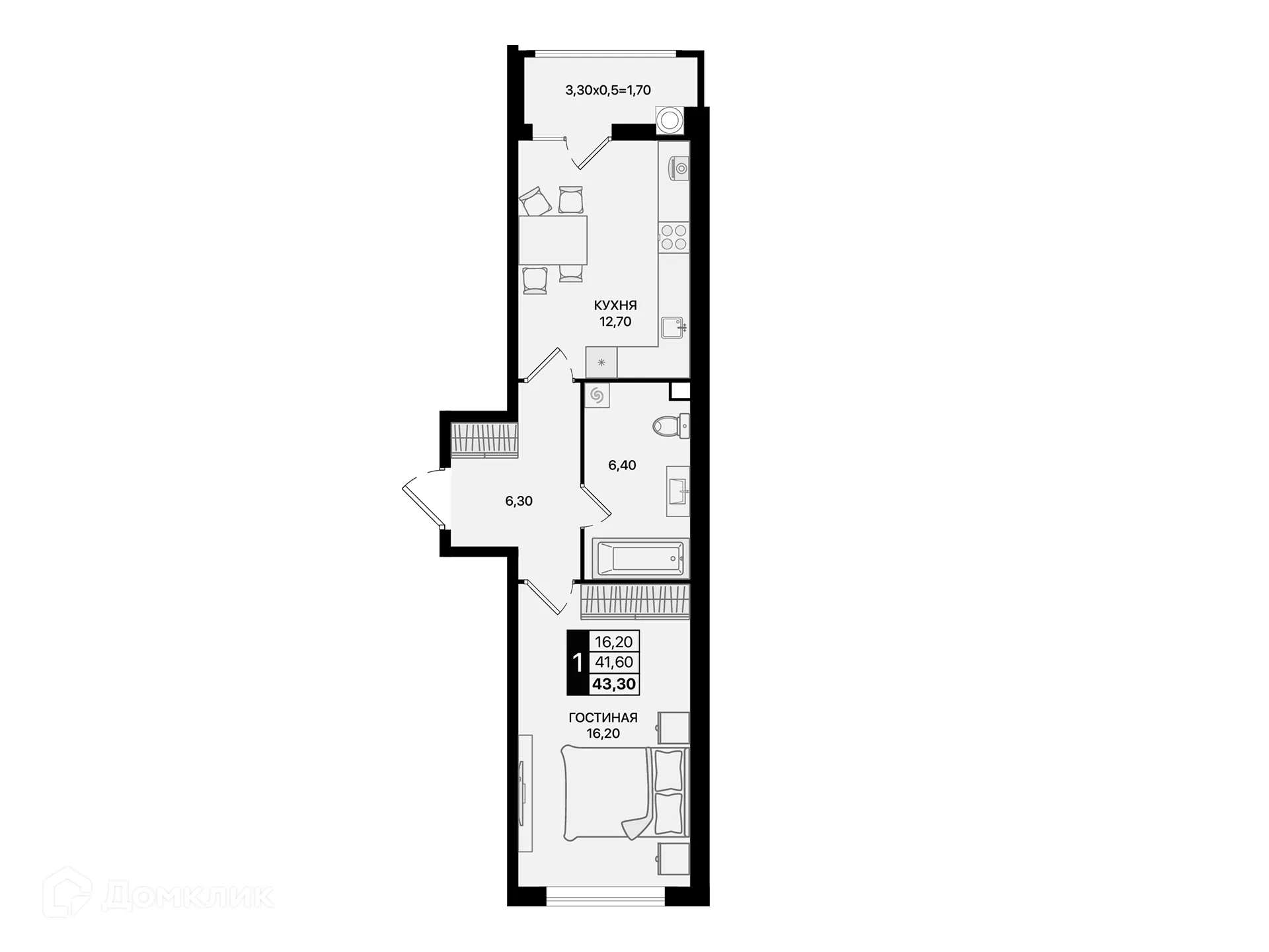 Планировка 1-комнатной квартиры 43.3 м² в ЖК Движение61, г. Ростов-на-Дону — фото 2
