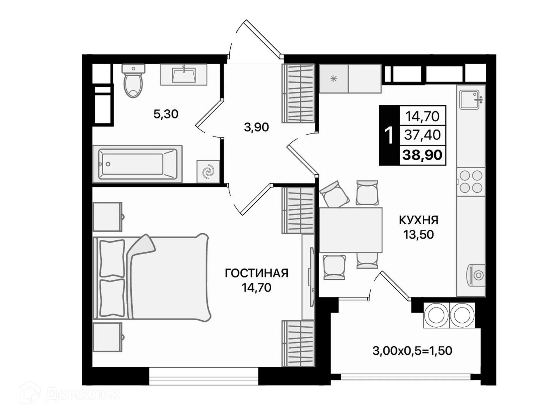 Планировка 1-комнатной квартиры 38.9 м² в ЖК Движение61, г. Ростов-на-Дону — фото 2