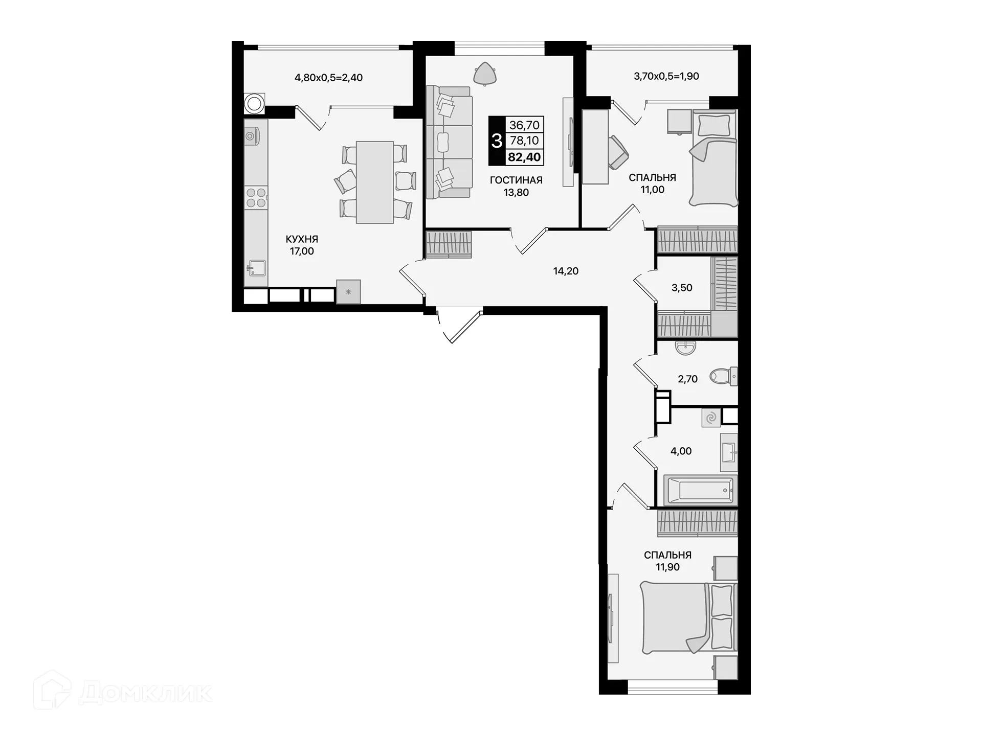 Планировка 3-комнатной квартиры 82.4 м² в ЖК Движение61, г. Ростов-на-Дону — фото 1